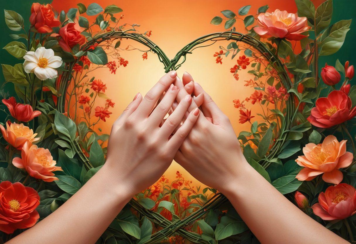 A pair of entwined hands, symbolizing deep passion and commitment, surrounded by flourishing plants and blooming flowers, representing growth and generational bonds. In the background, a glowing heart symbolizing love and devotion shines softly. The color palette should be warm and inviting, featuring shades of red, gold, and green to evoke feelings of connection and harmony. super-realistic. vibrant colors. warm tones.