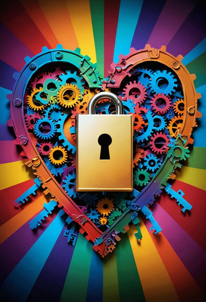 A heart-shaped lock and key intertwined amidst a backdrop of colorful gears symbolizing affection and compatibility. Light beams radiate from the center, illuminating the lock and key, while silhouettes of couples can be seen forming a soft, harmonious connection around them. Emphasize warmth and unity through a vibrant color palette. super-realistic. vibrant colors. soft focus.