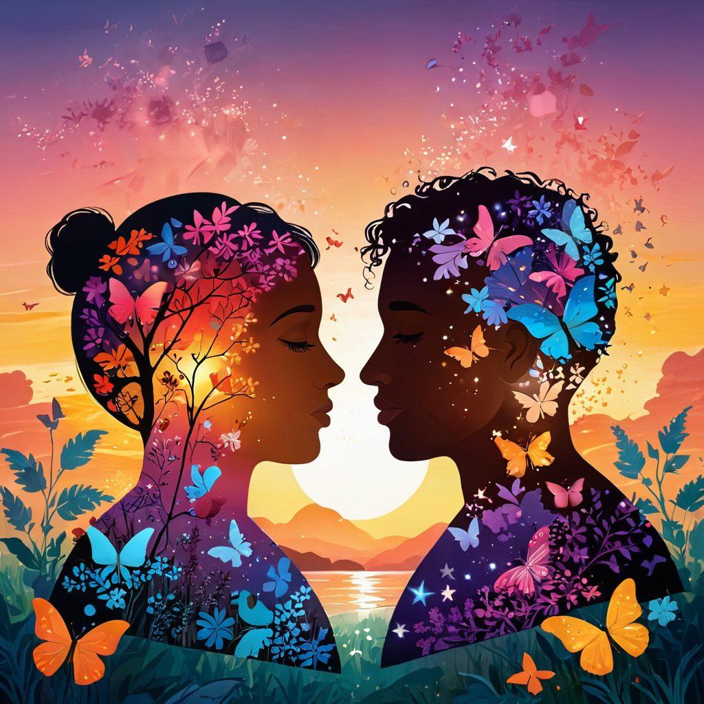 A whimsical illustration of two diverse puzzle pieces fitting together, surrounded by glowing sparkles that symbolize magic. In the background, a sunset casts warm tones, representing a promising future, with silhouettes of a couple holding hands. Elements of plants and butterflies enhance the theme of growth and harmony. vibrant colors. magical realism.
